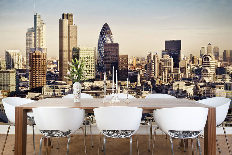 Photographic wallpaper mural of the London Skyline in a dining room setting