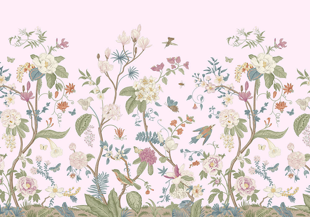 Chinoiserie pink wallpaper mural design in girls room setting