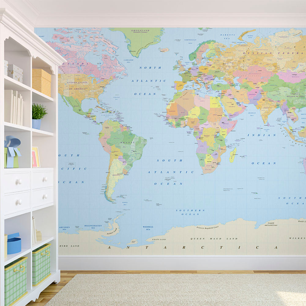 Colourful World Map with Antarctica Wall Mural