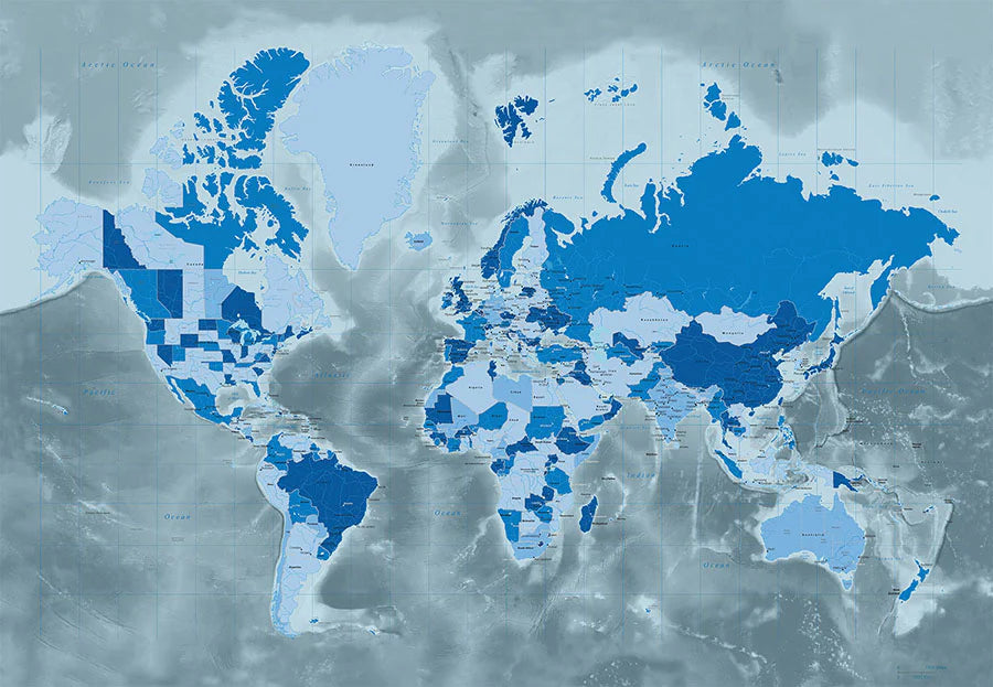 Cool Blue World Map Wallpaper Mural