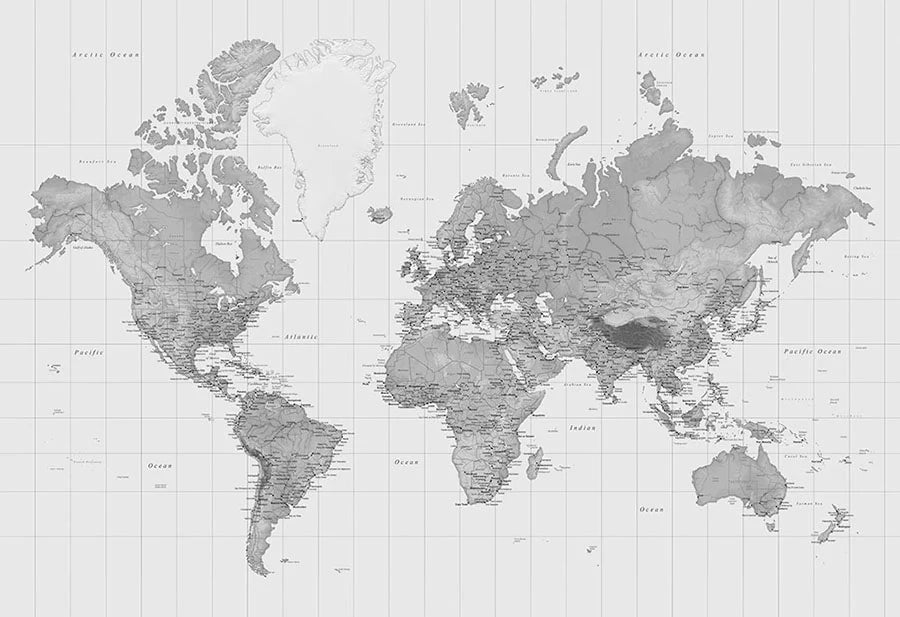 Black and white world map wallpaper mural in a room setting