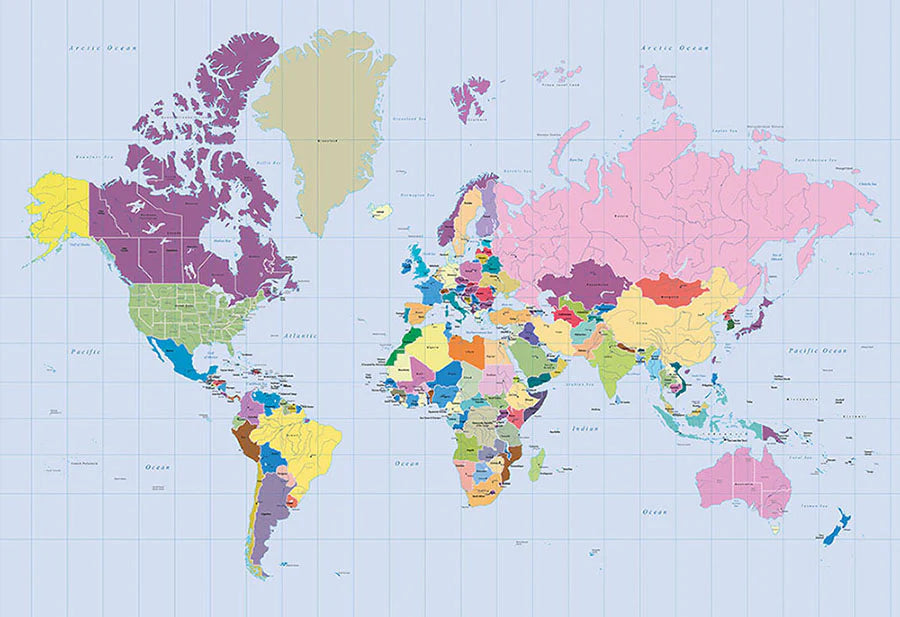 Vibrant Colourful World Map full wallpaper mural design