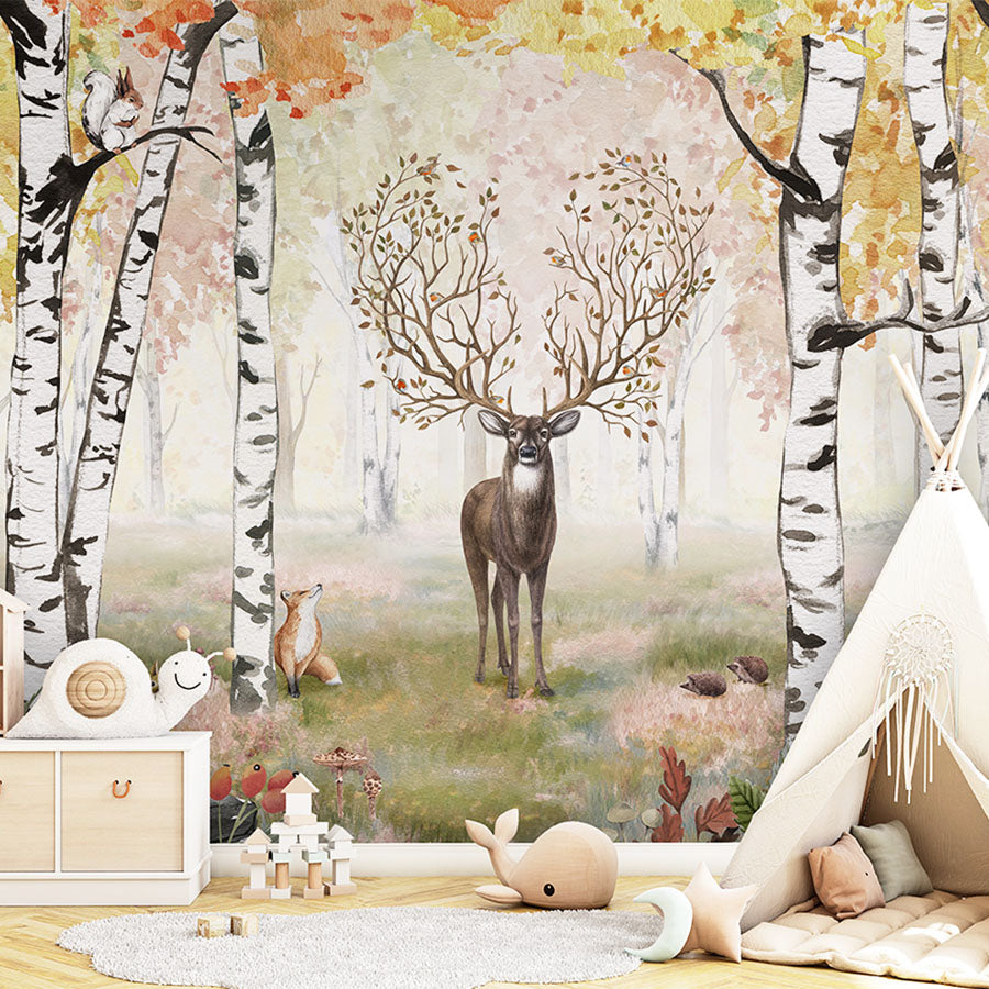 Amazing Antlers Autumn wallpaper mural in a children’s playroom tipi square