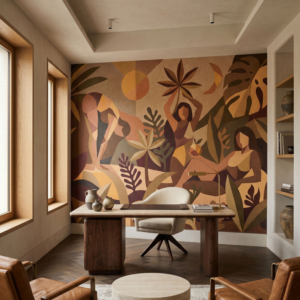 Amber Flora wallpaper mural shown in home office with desk leather chairs