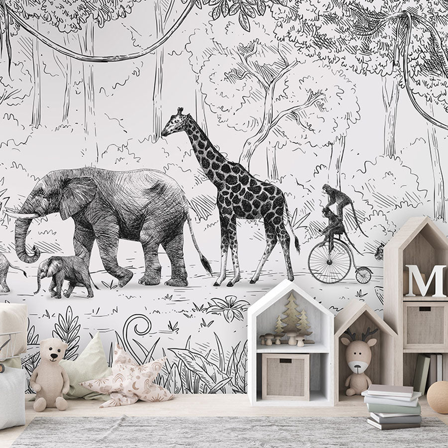 Animal Parade – Black & White wallpaper mural in a children’s playroom