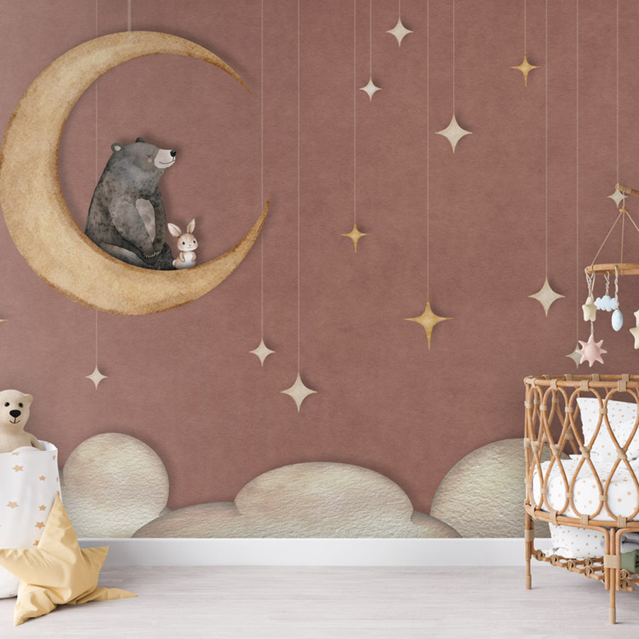 Bear on the Moon – Red wallpaper mural shown in a children's nursery crib