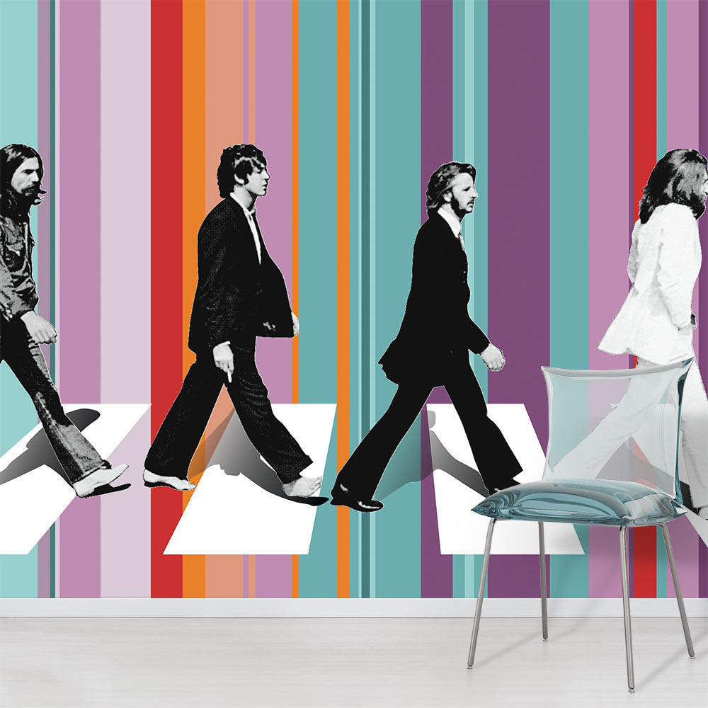 The Beatles Abbey Road colourful striped wallpaper mural design