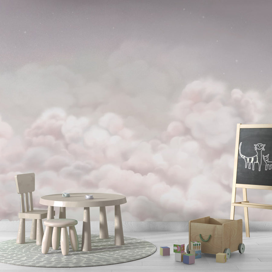 Calming Clouds – Pink wallpaper mural shown in a children's playroom chalkboard