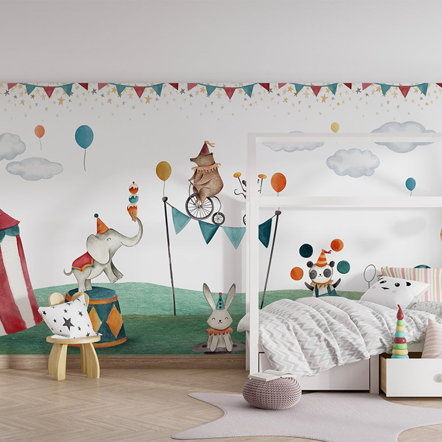 Crazy Circus wallpaper mural shown in a children's bedroom house bed