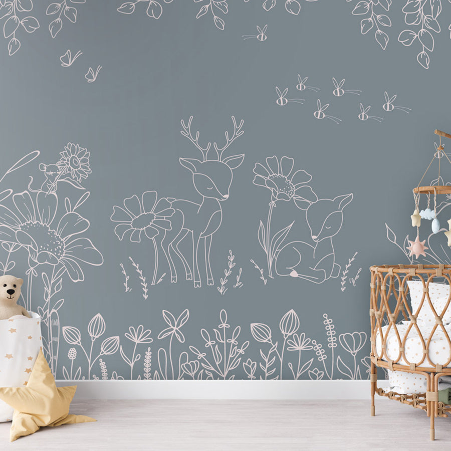 Deer Doodles – Blue wallpaper mural shown in a children's nursery crib