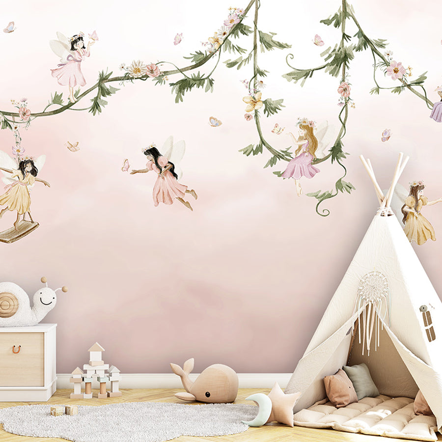 Dream Flight wallpaper mural shown in a children's bedroom teepee