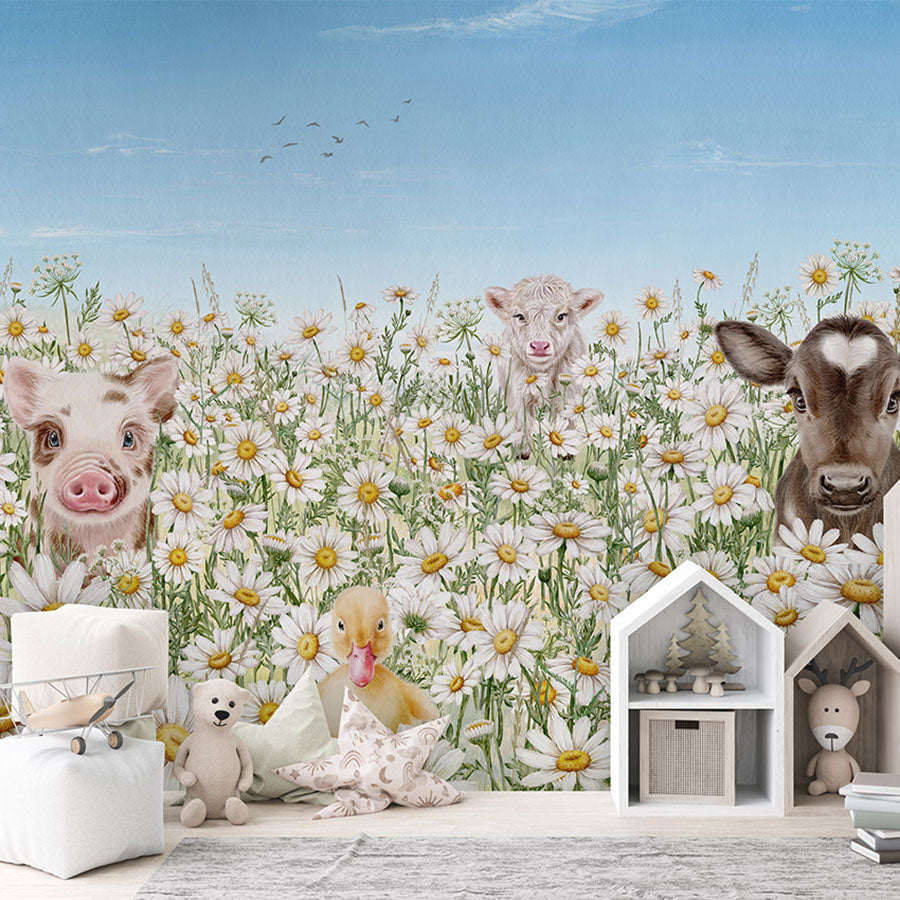 Farm Animals wallpaper mural in a children’s playroom