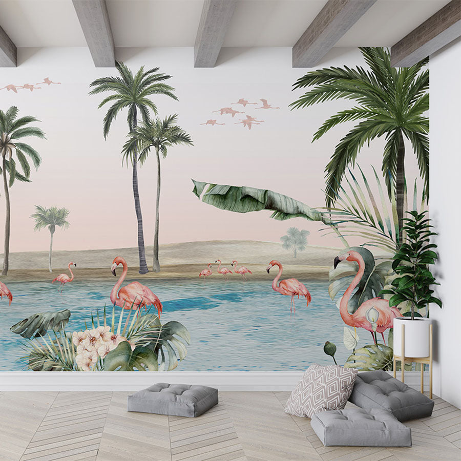 Flamingo Oasis wallpaper mural in a living room floor cushions