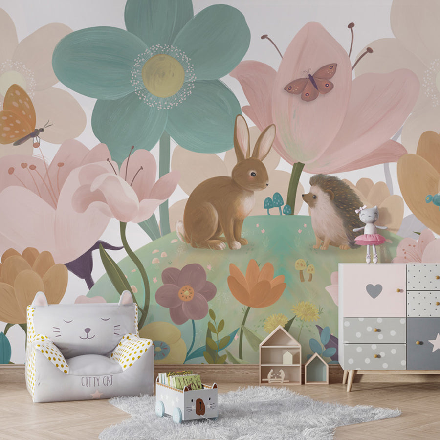 Flowery Hill wallpaper mural shown in a children's bedroom armchair