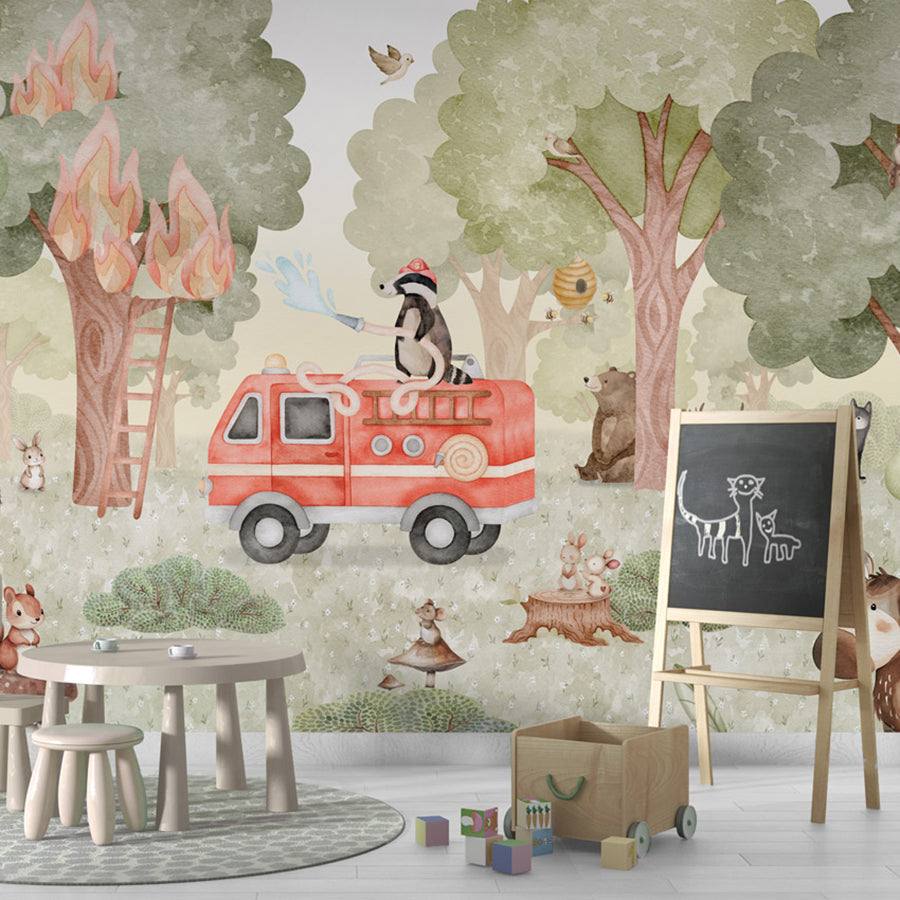 Forest Fire Fighter wallpaper mural shown in a children's playroom chalkboard