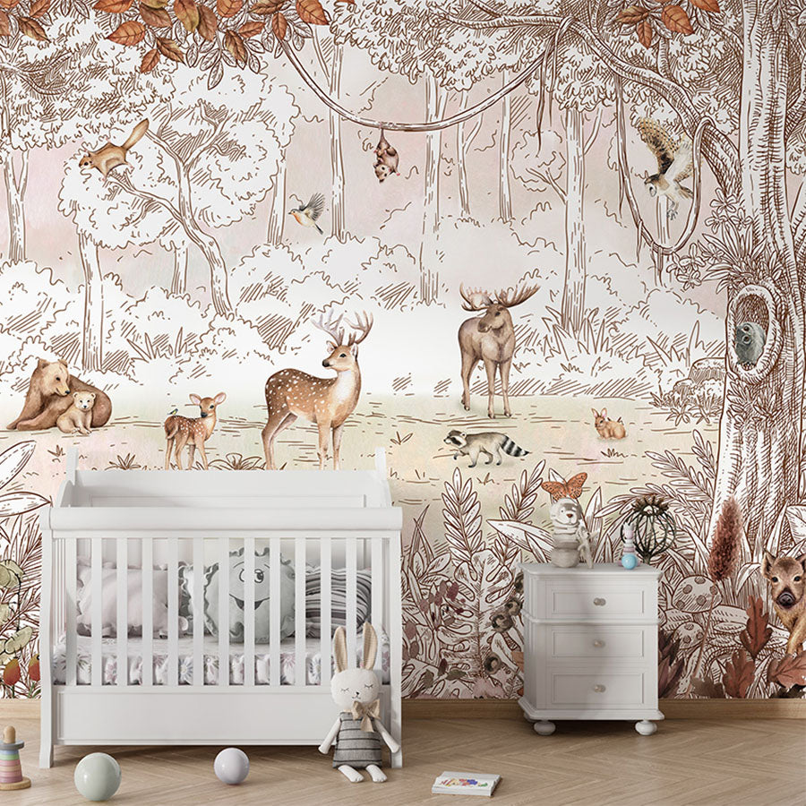 Forest Friends – Autumn wallpaper mural in a nursery cot