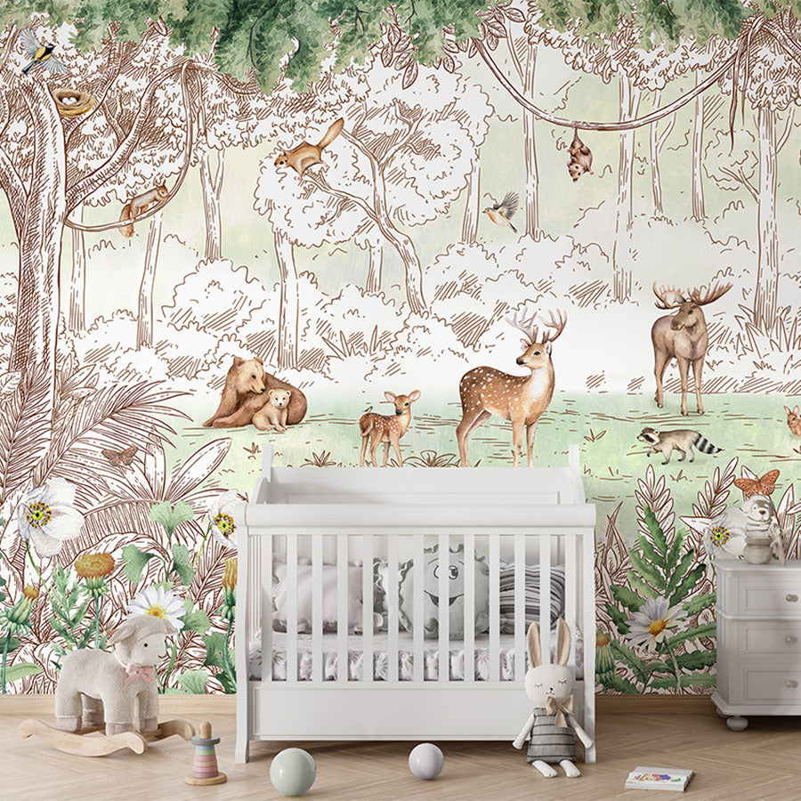Forest Friends – Spring wallpaper mural in a nursery cot