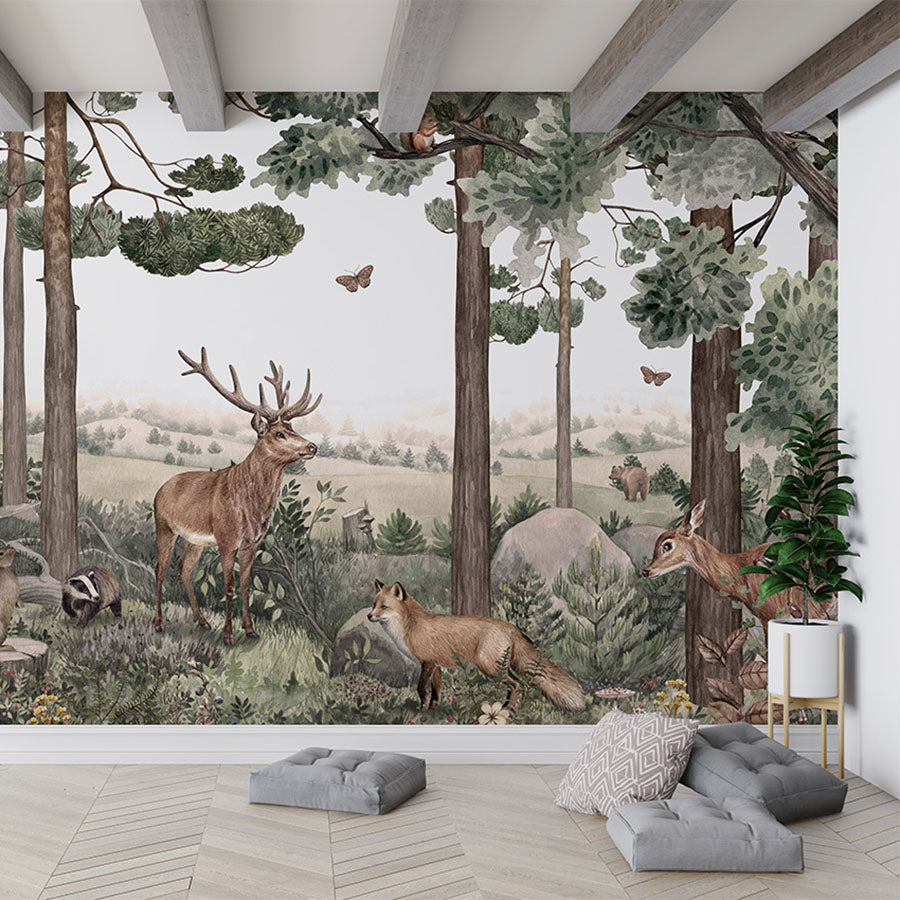 Forest Jive wallpaper mural in a living room floor cushions