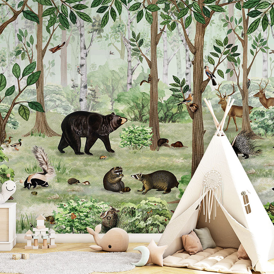 Forest Lookbook wallpaper mural in a children’s playroom tipi