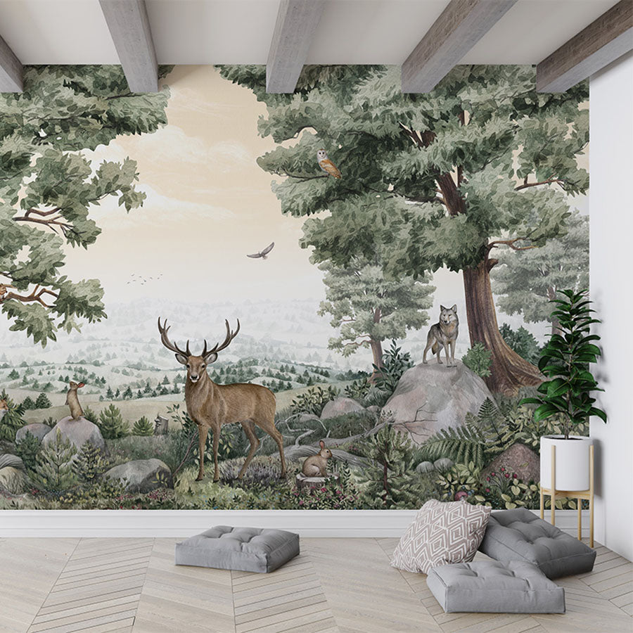 Forest Vista wallpaper mural in a living room floor cushions
