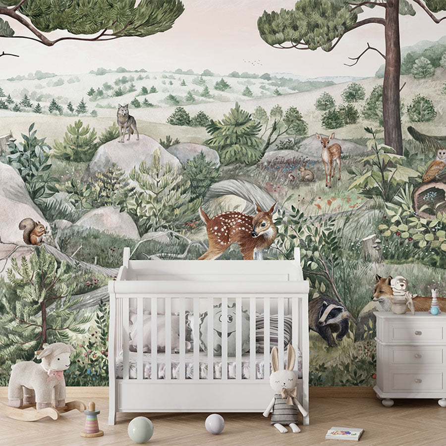 Happy Hills wallpaper mural in a nursery cot