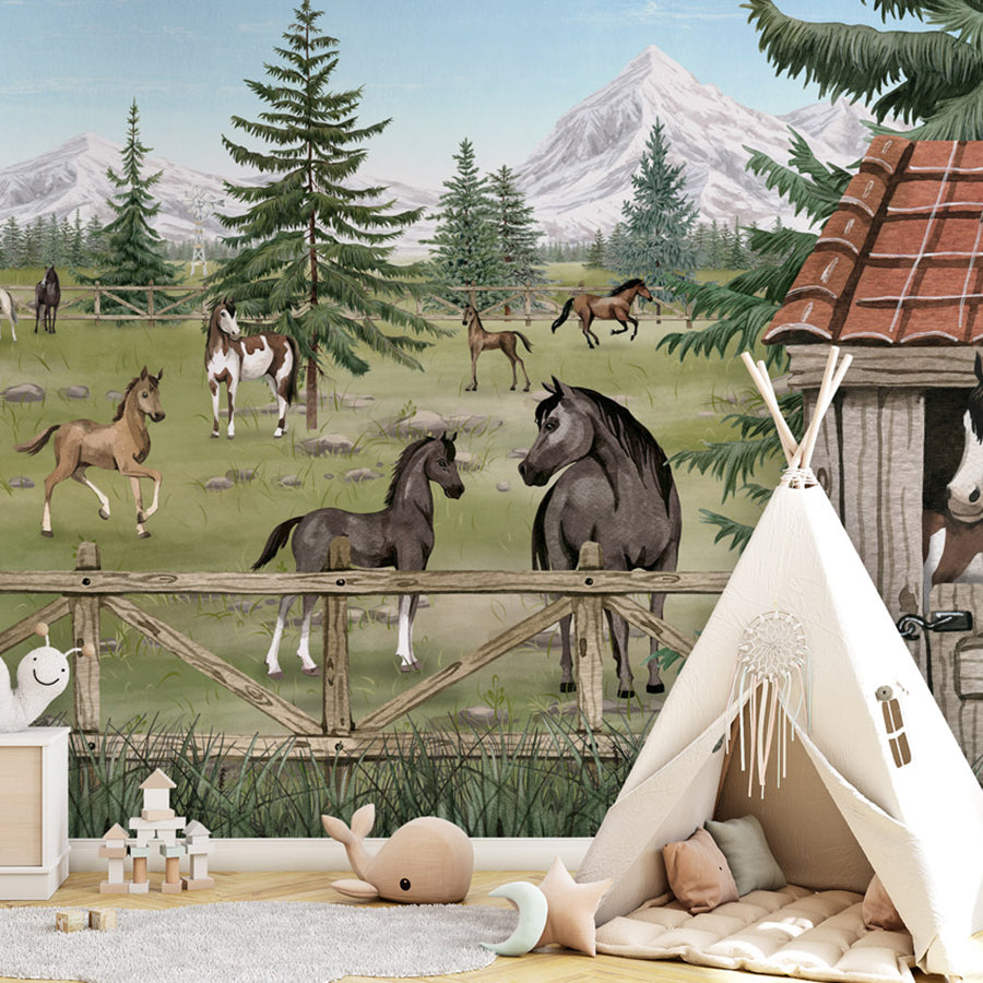 Horse Haven wallpaper mural shown in a children's bedroom teepee