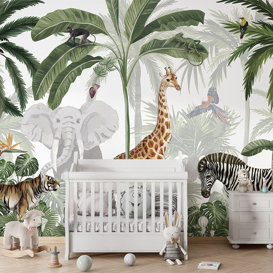 Jungle Jive – Green wallpaper mural in a nursery cot