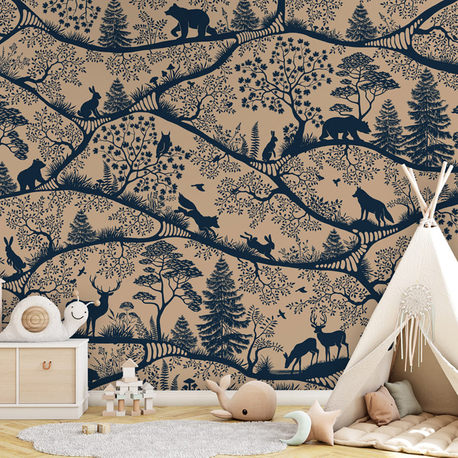 Nordic Nature – Beige Blue wallpaper mural shown in a children's bedroom teepee