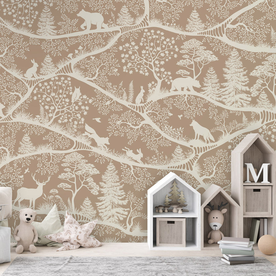 Nordic Nature – Brown White wallpaper mural shown in a children's bedroom house shelves