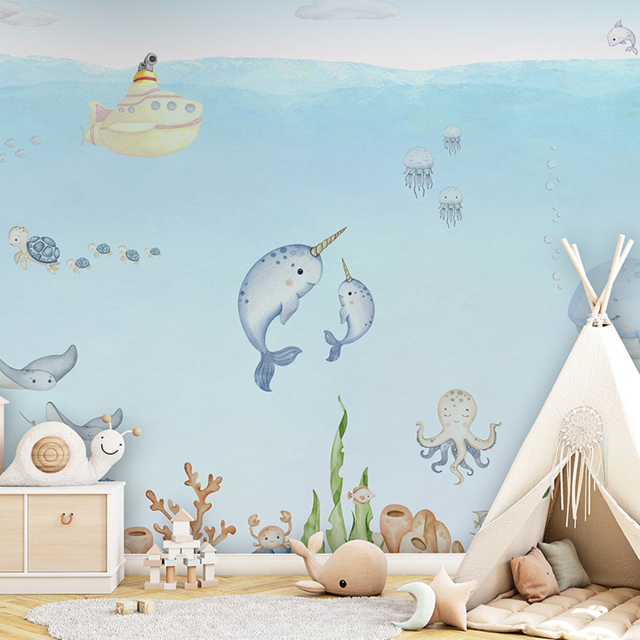 Ocean Joy wallpaper mural shown in a children's bedroom teepee