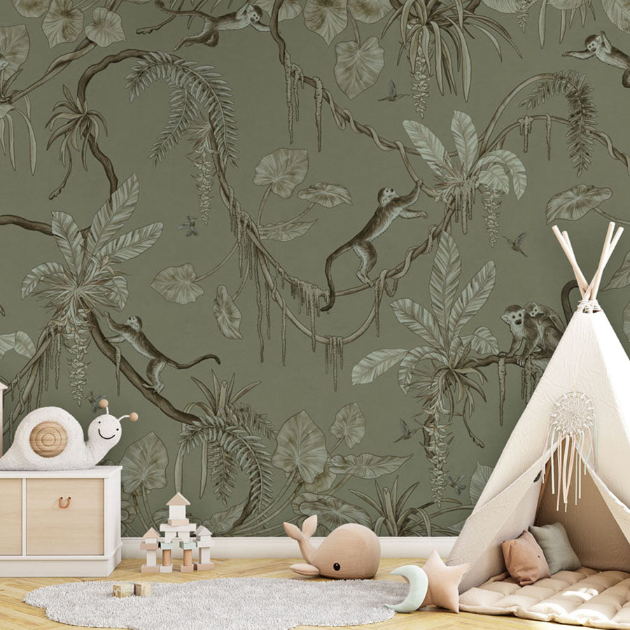 Playful Monkeys – Monochrome Green wallpaper mural in a teepee