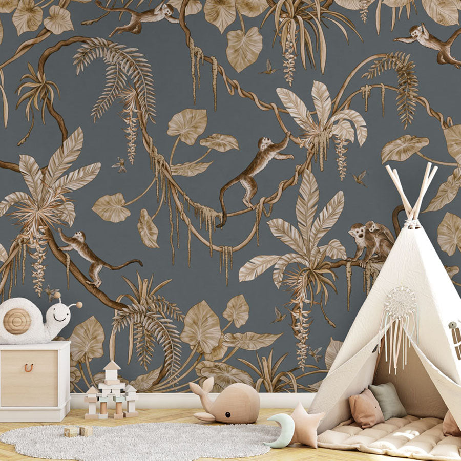 Playful Monkeys – Vintage Blue wallpaper mural in a teepee