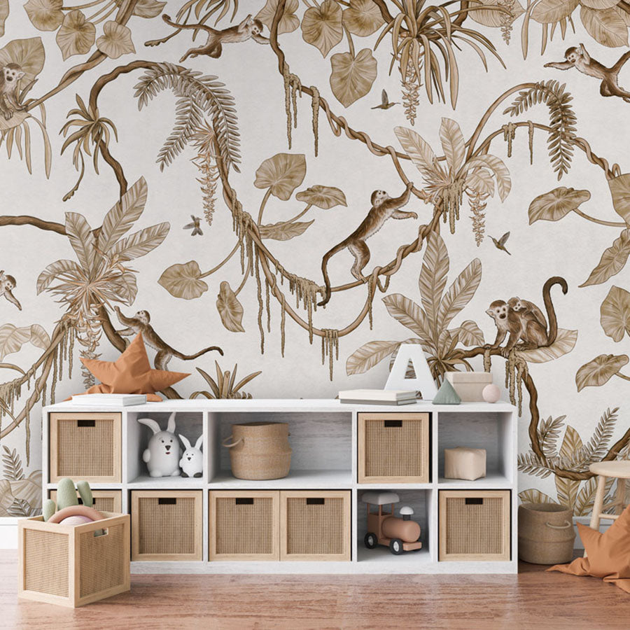 Playful Monkeys – Vintage White wallpaper mural in a toy storage