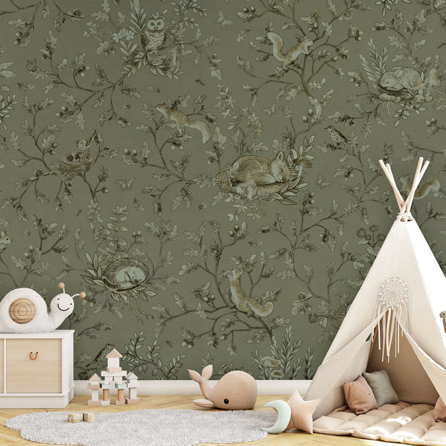 Playful Woods – Monochrome Green wallpaper mural in a teepee