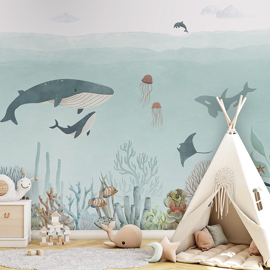 Sensational Sea – Blue wallpaper mural shown in a children's bedroom teepee