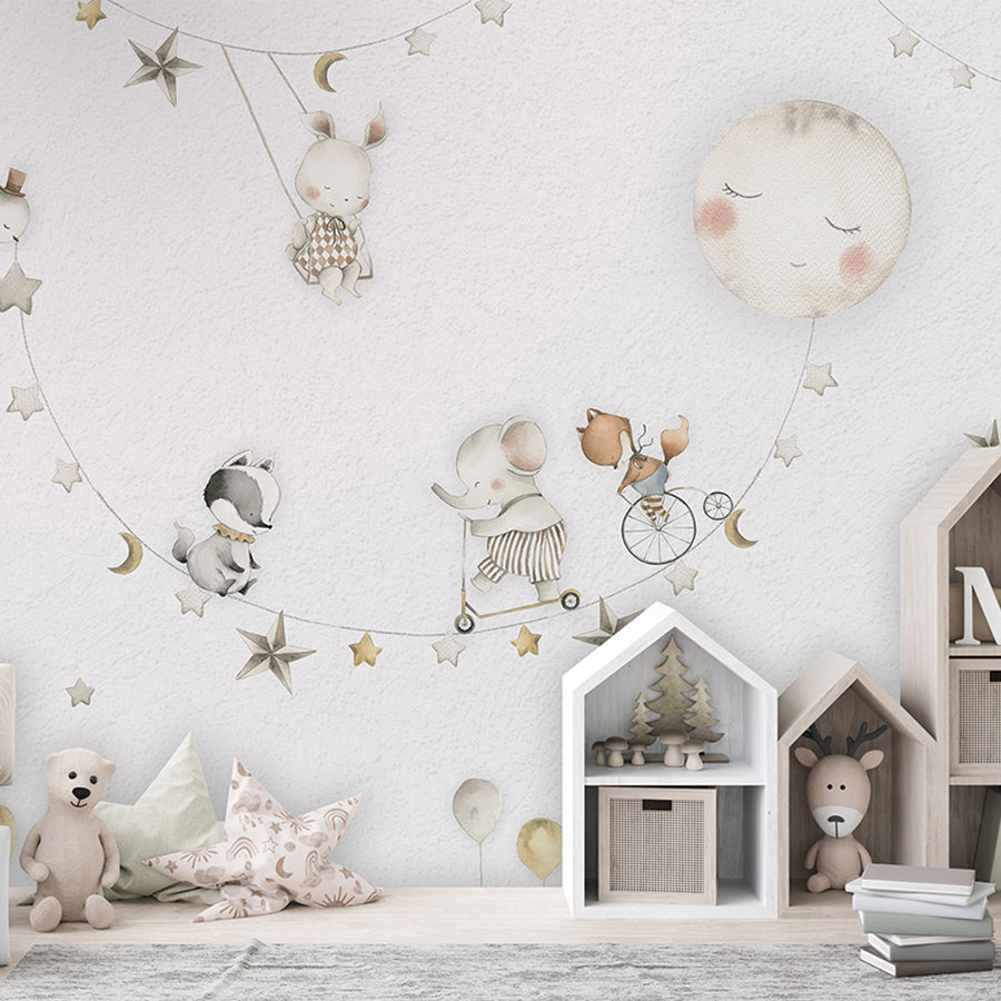 Sleeping Moon wallpaper mural shown in a children's bedroom house shelves