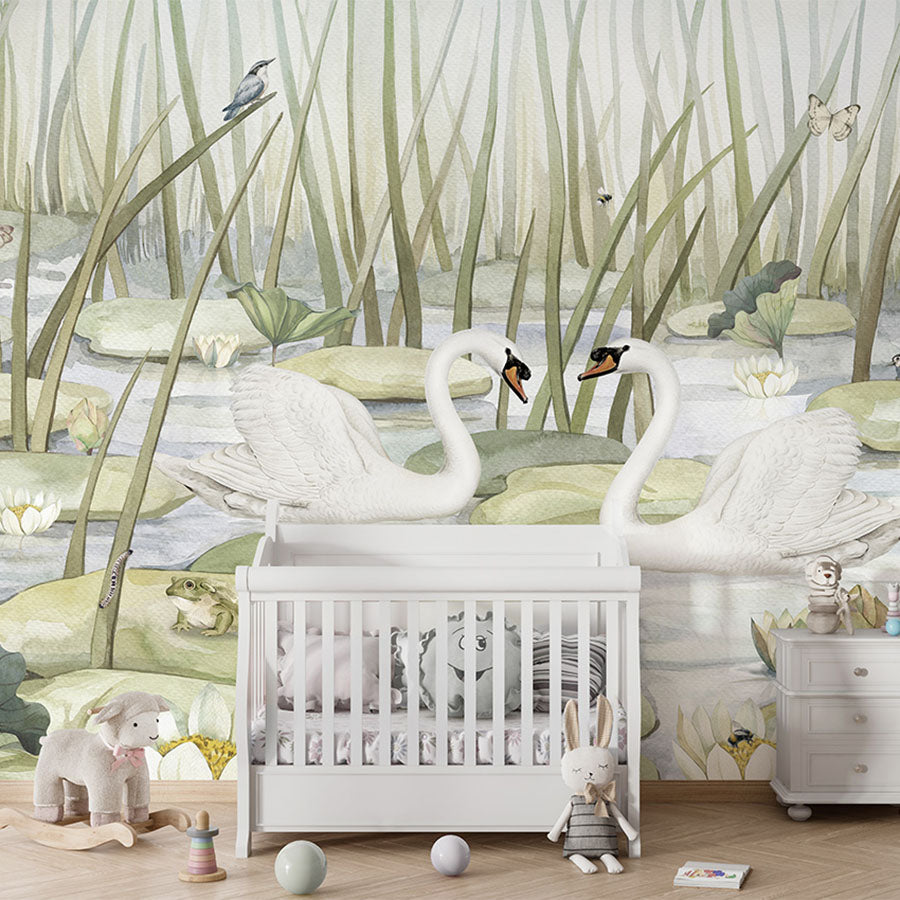Spectacular Swans wallpaper mural in a nursery cot