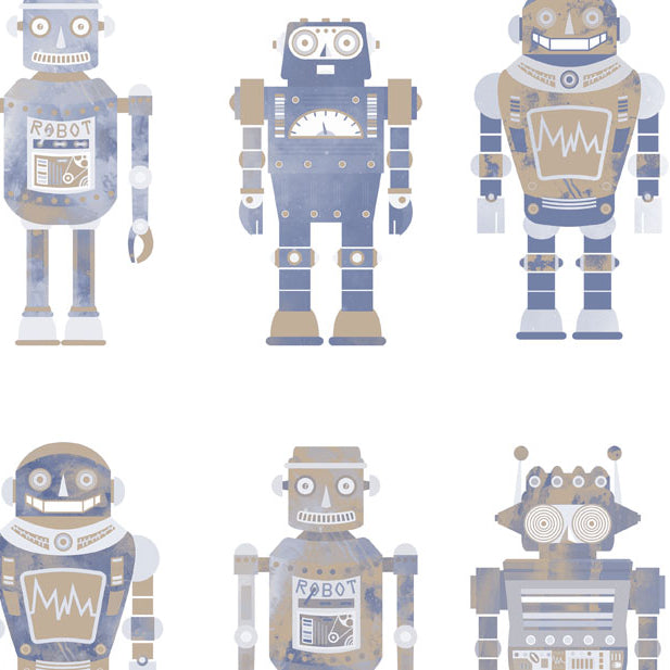 Close-up of the muted blue and brown Vintage Robots wallpaper design