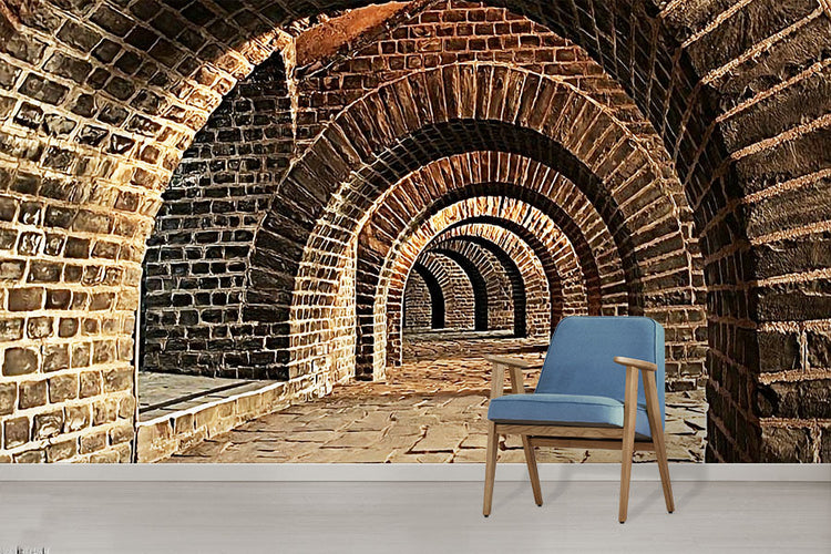 3D wallpaper mural showing a brick tunnel optical illusion effect wallpaper