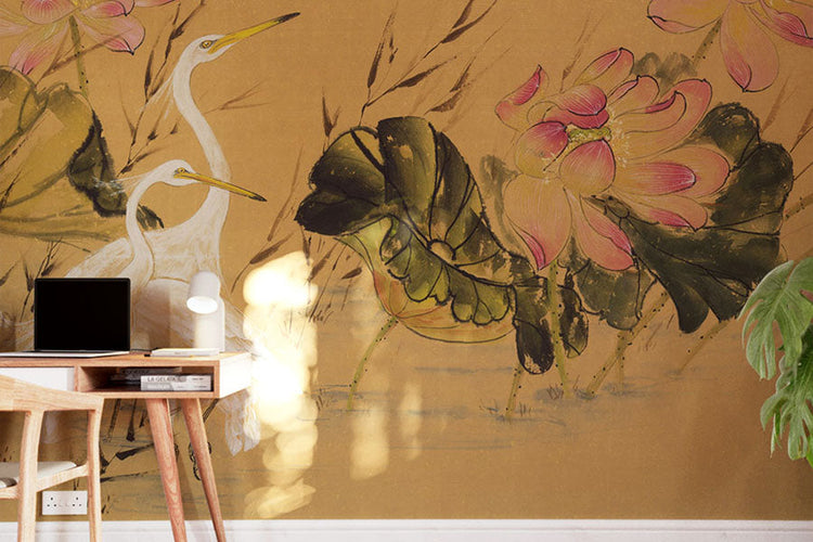 Stunning artist hand painted wallpaper in an interior room setting