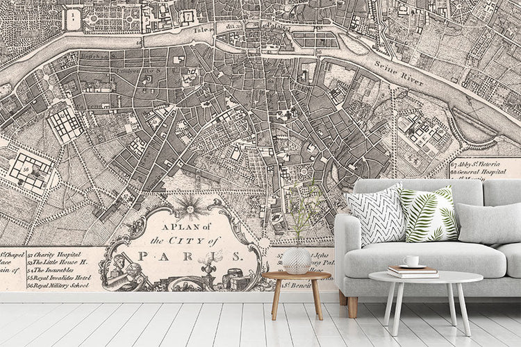 City map wallpaper of Paris in an interior room setting