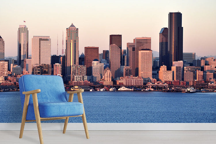 Cityscape wallpaper of Seattle skyline in an interior room setting