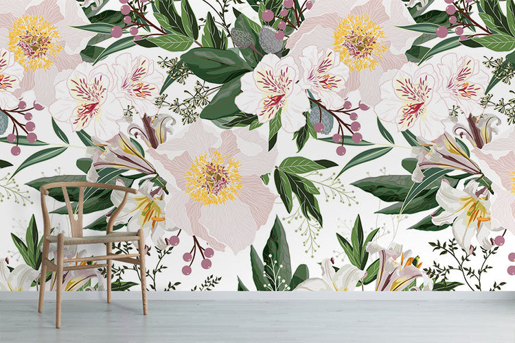 Illustrated design wallpaper in an interior setting with chair