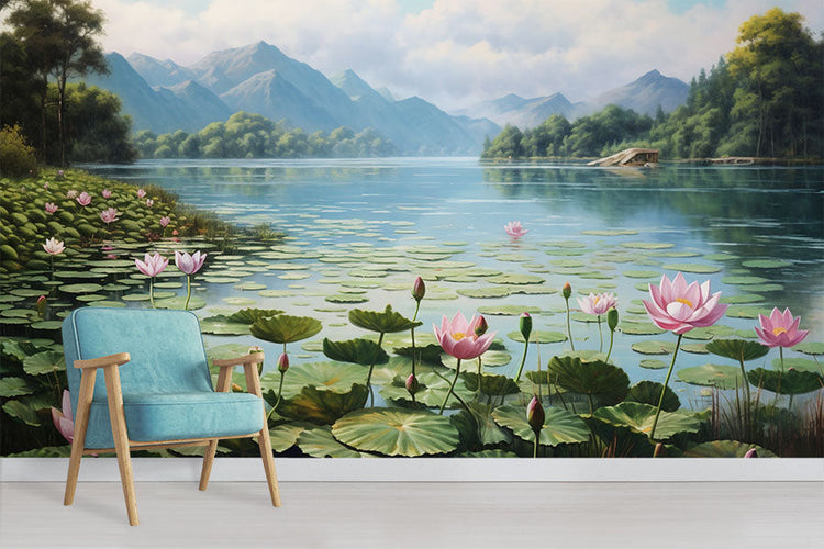 Japanese wallpaper featuring scenic mountains and lotus flowers