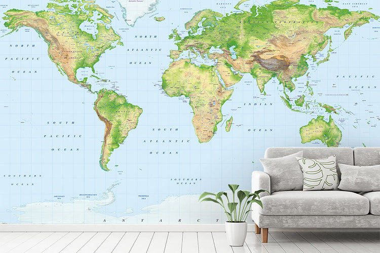 World Map Wallpaper in an interior setting with sofa