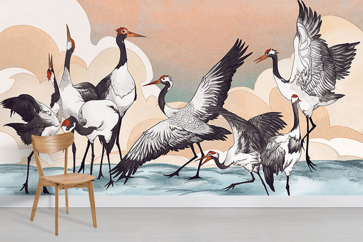 Teen wallpaper featuring a dynamic illustrated design of crane birds in flight