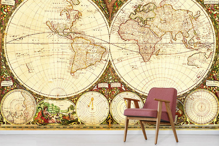 Antique vintage world map wallpaper in an interior setting with chair