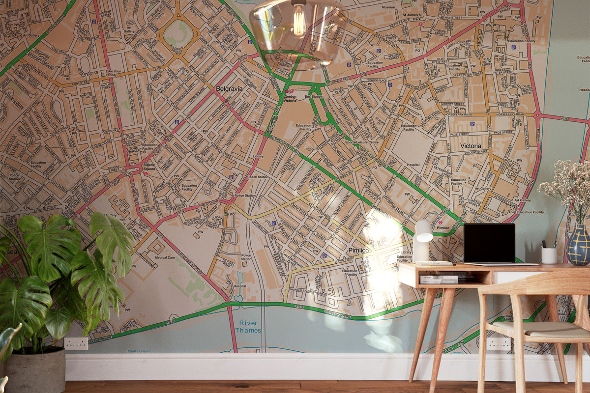 Custom map wallpaper installed in a room