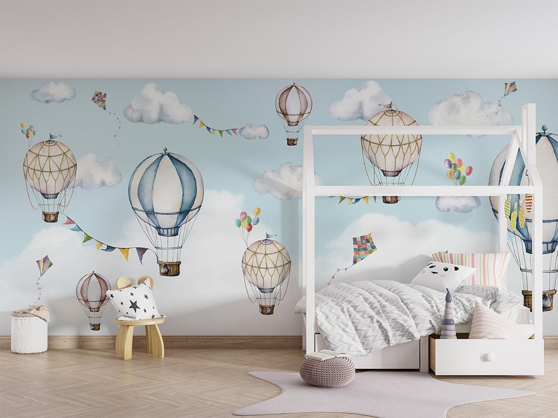 Balloon Bonanza wallpaper mural shown in a children's Balloon Bonanza   House bed