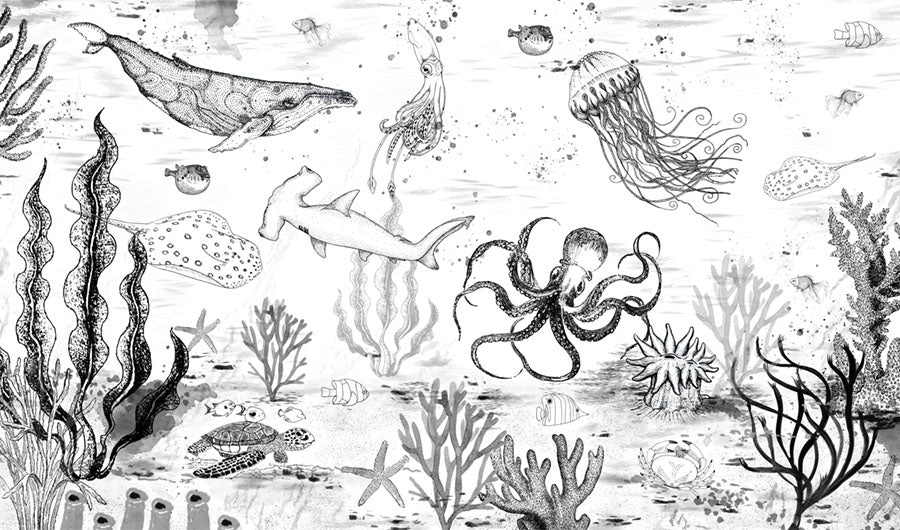 Black and White Under The Sea wallpaper mural